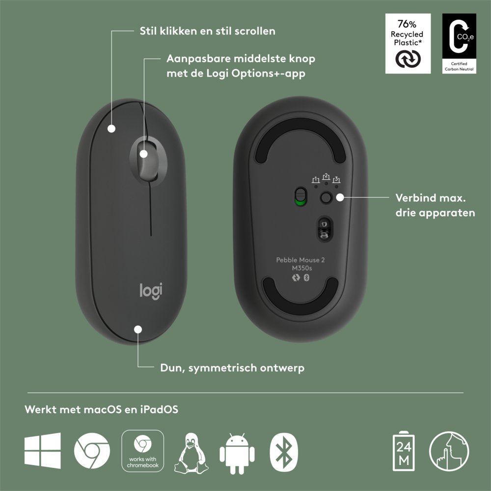 Logitech Pebble 2 M350s | Draadloze Muis | Links- en Rechtshandig | RF + Bluetooth | 4000 DPI | Grafiet - Afbeelding 7