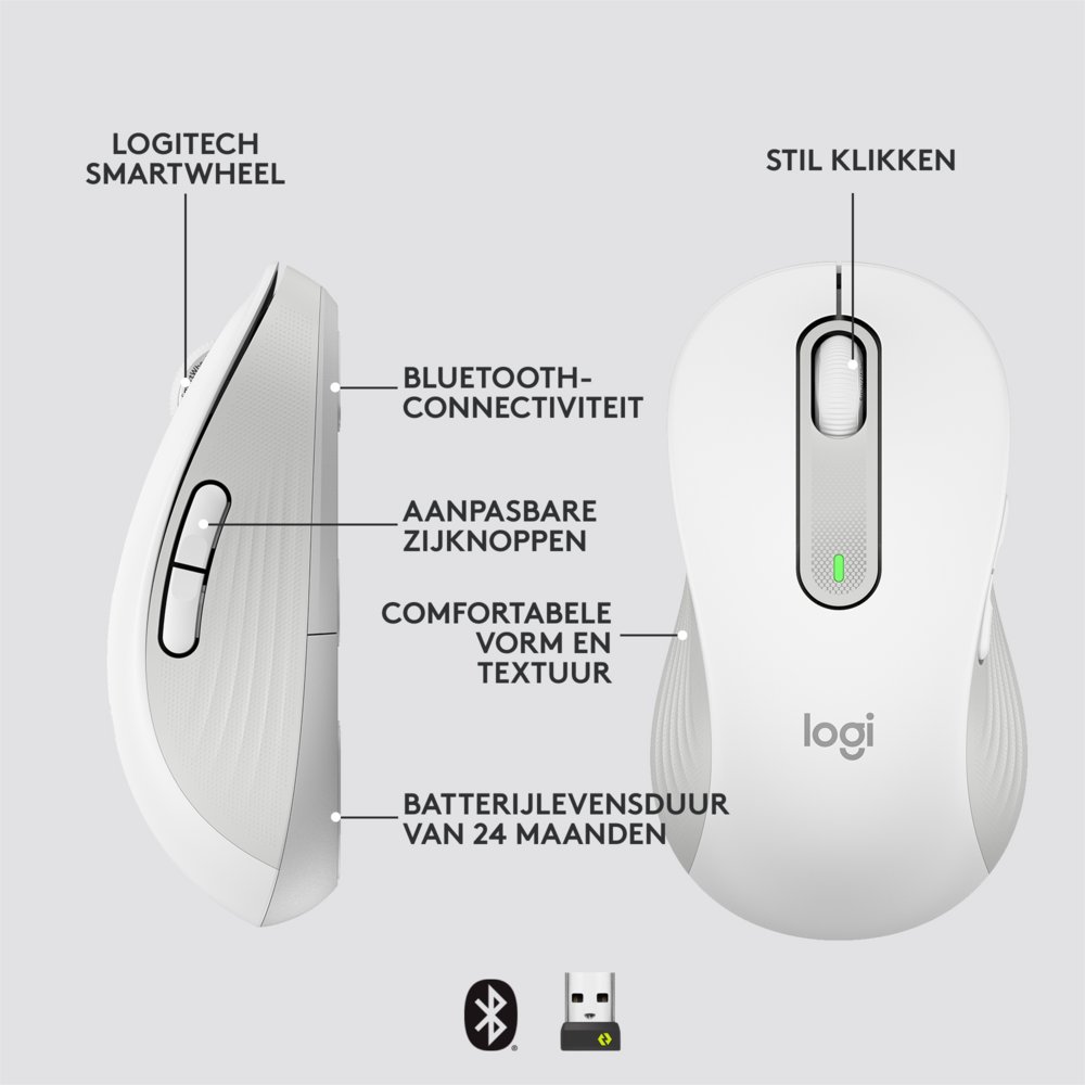 Logitech Signature M650 | Draadloze Muis | Linkshandig | RF + Bluetooth | 2000 DPI | Wit - Afbeelding 12