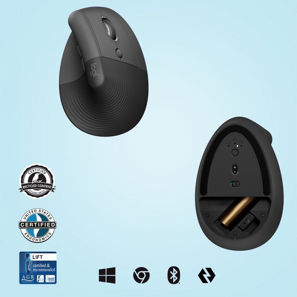Logitech Lift | Ergonomische Draadloze Muis | Rechtshandig | RF + Bluetooth | 4000 DPI | Grafiet - Afbeelding 6