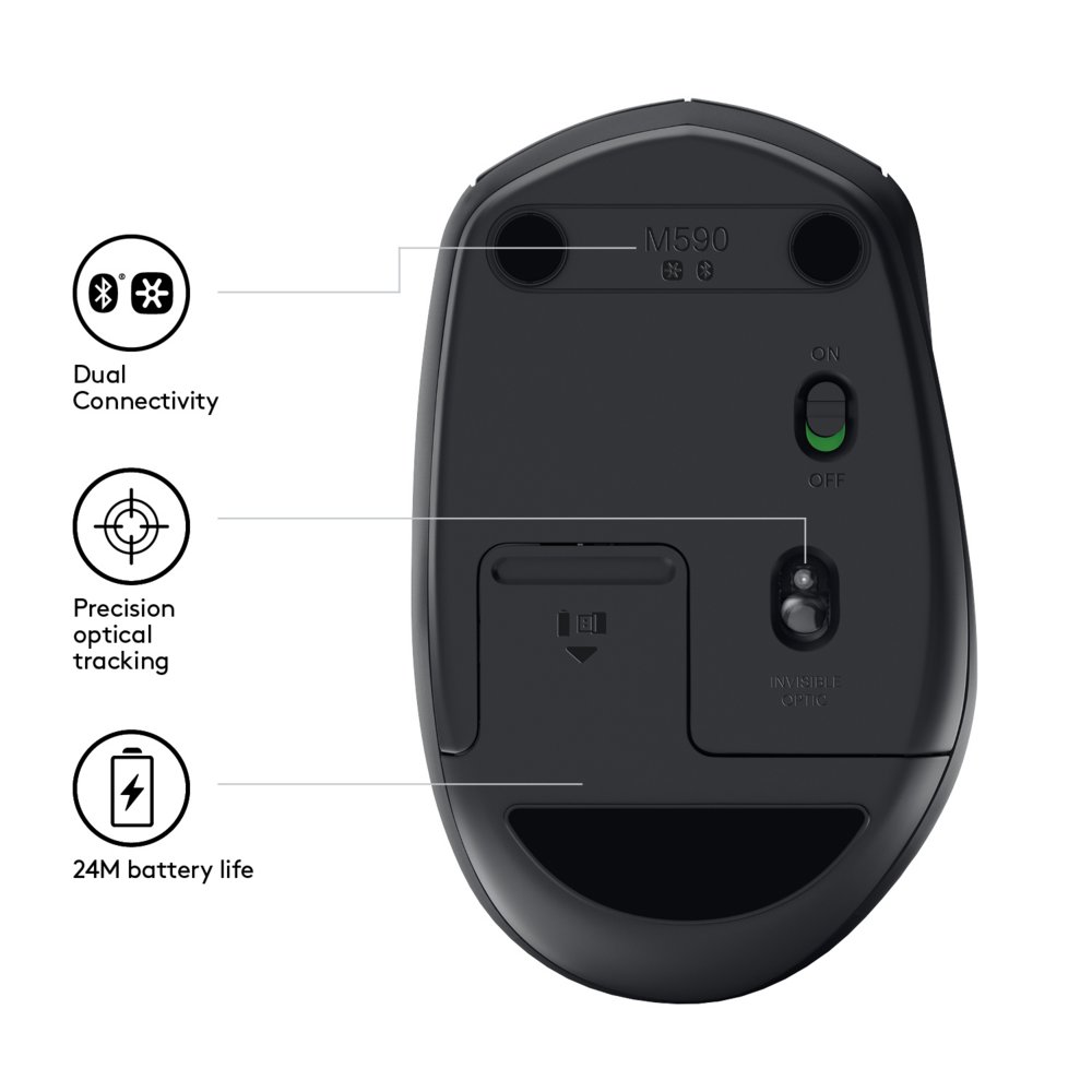 Logitech M590 Multi-Device Silent | Draadloze Muis | Rechtshandig | RF + Bluetooth | 1000 DPI | Zwart - Afbeelding 7