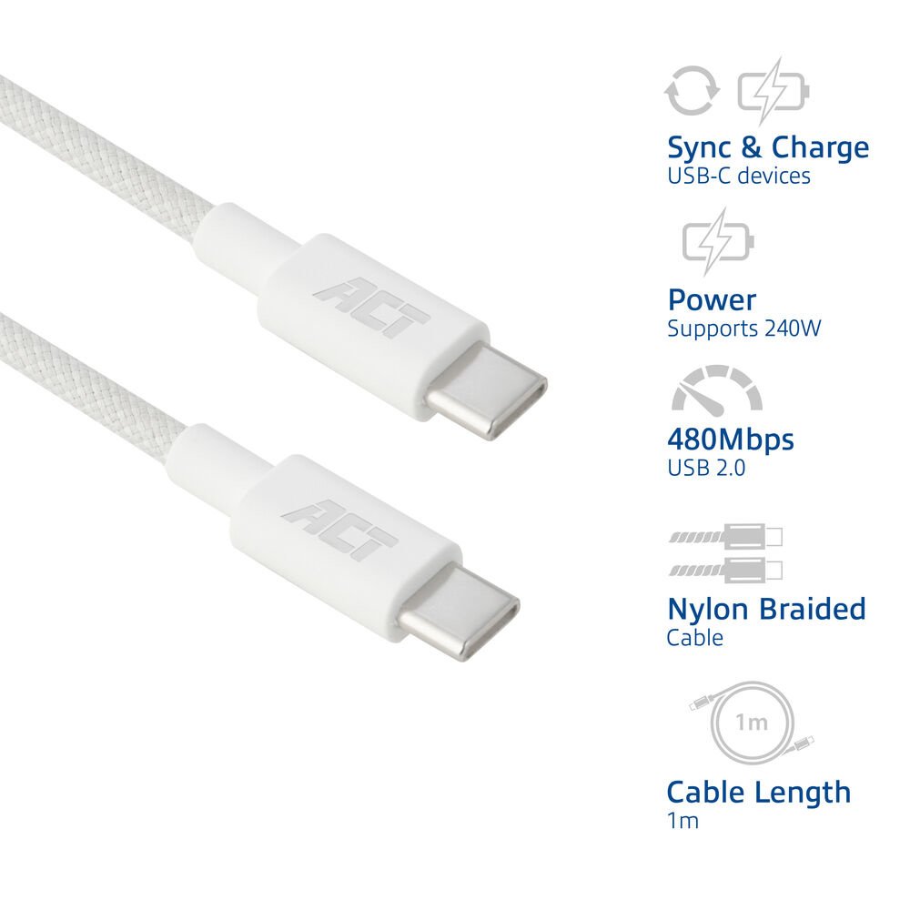 ACT AC3084 | USB 2.0 Kabel | USB-C naar USB-C | 240W | 480Mbps | Wit | 1 Meter - Afbeelding 7