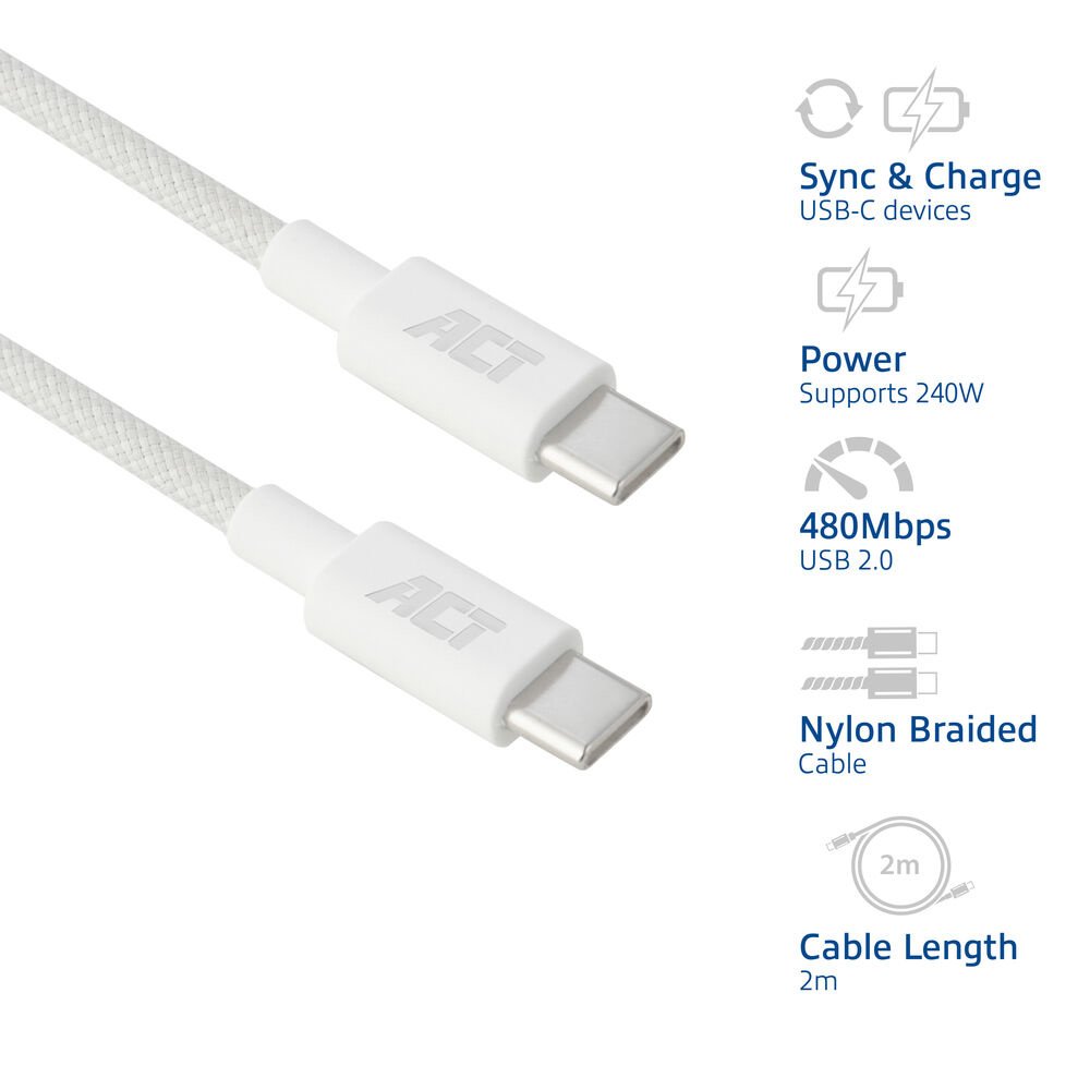 ACT AC3085 | USB 2.0 Kabel | USB-C naar USB-C | 240W | 480Mbps | Wit | 2 Meter - Afbeelding 7