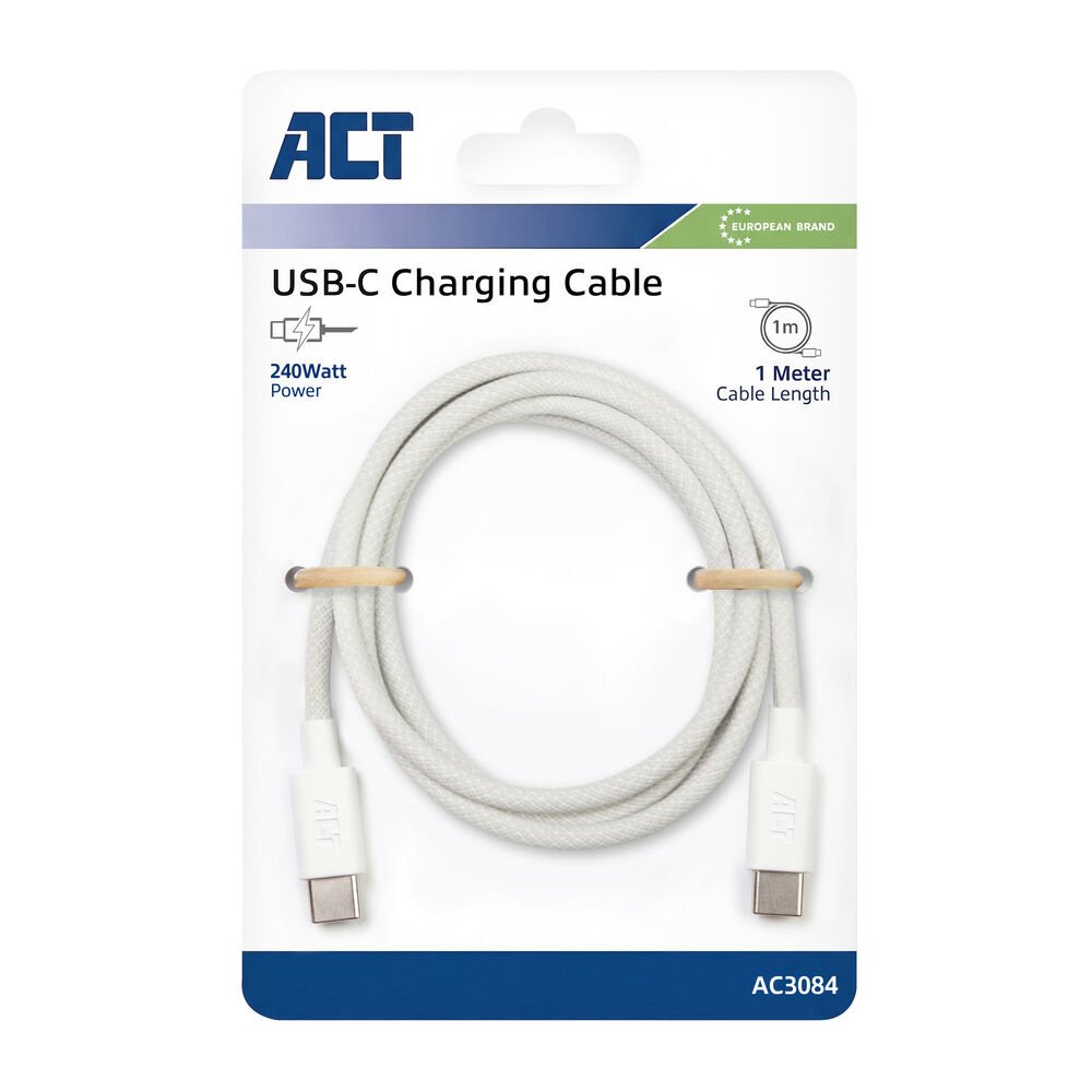 ACT AC3084 | USB 2.0 Kabel | USB-C naar USB-C | 240W | 480Mbps | Wit | 1 Meter - Afbeelding 3