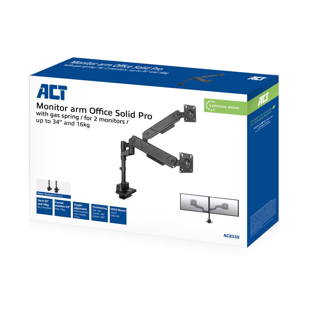 ACT AC8330 | Monitorarm voor 2 Monitoren tot 34" | 16kg per Scherm | Gasveer | VESA 75x75 / 100x100 - Afbeelding 3