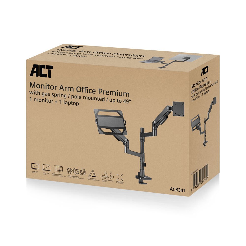 ACT AC8341 Premium | Verstelbare Monitor-bureaubeugel | Tot 49" | Max 20kg | VESA 100x100 | 1 Monitor en Laptop | OPEN BOX - Afbeelding 7