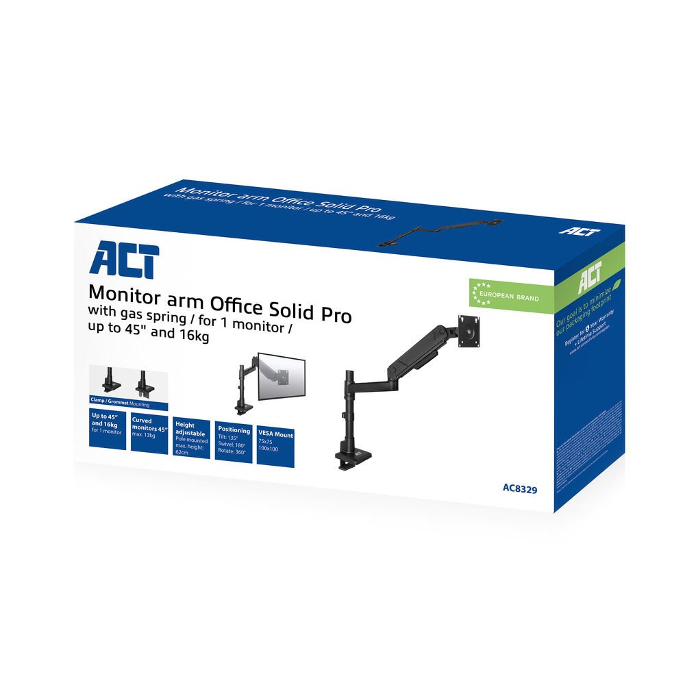 ACT AC8329 | Monitorarm tot 45" en 16kg | Gasveer | VESA 75x75 / 100x100 | Bureauklem en Doorvoermontage - Afbeelding 6