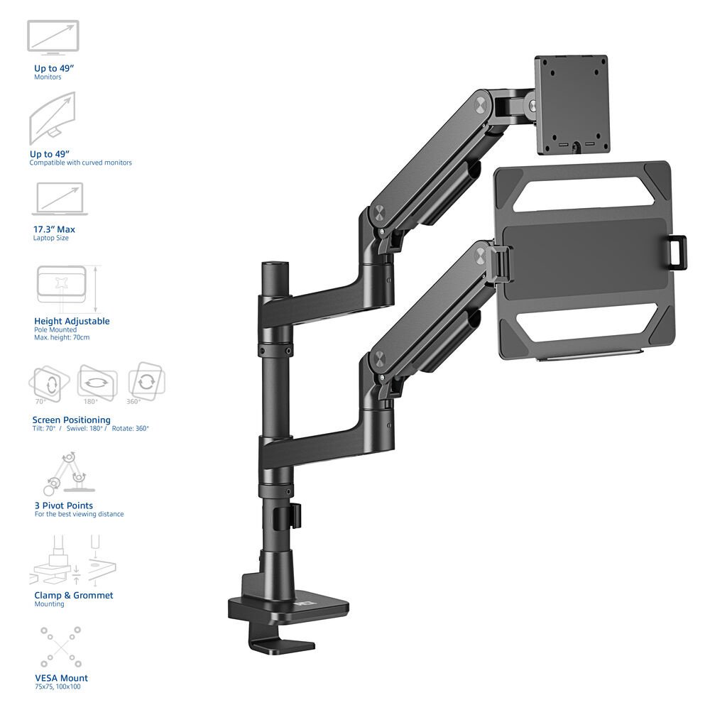 ACT AC8341 Premium | Verstelbare Monitor-bureaubeugel | Tot 49" | Max 20kg | VESA 100x100 | 1 Monitor en Laptop | OPEN BOX - Afbeelding 17