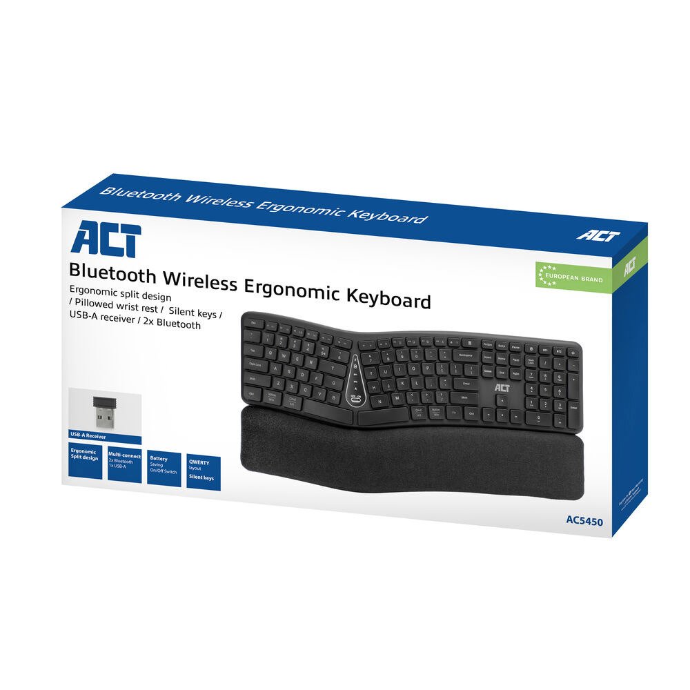 ACT AC5450 | Ergonomisch draadloos toetsenbord | Bluetooth + USB-A | Multi-Connect | Polssteun | QWERTY US | Donkergrijs - Afbeelding 3